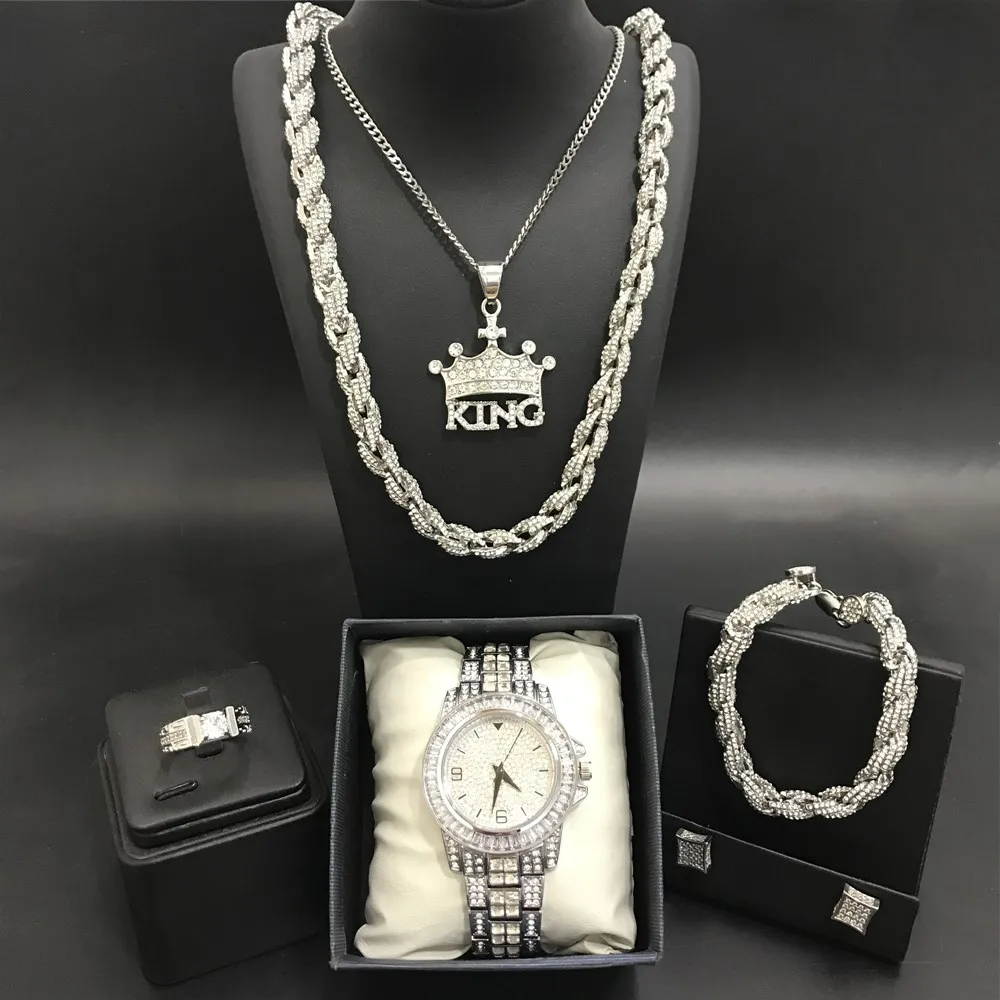 

Luxury Men Silver Color Watch & Necakcle & Braclete & Ring & Earrings Combo Set Ice Out Cuban Crystal Miami Neckacle For Men