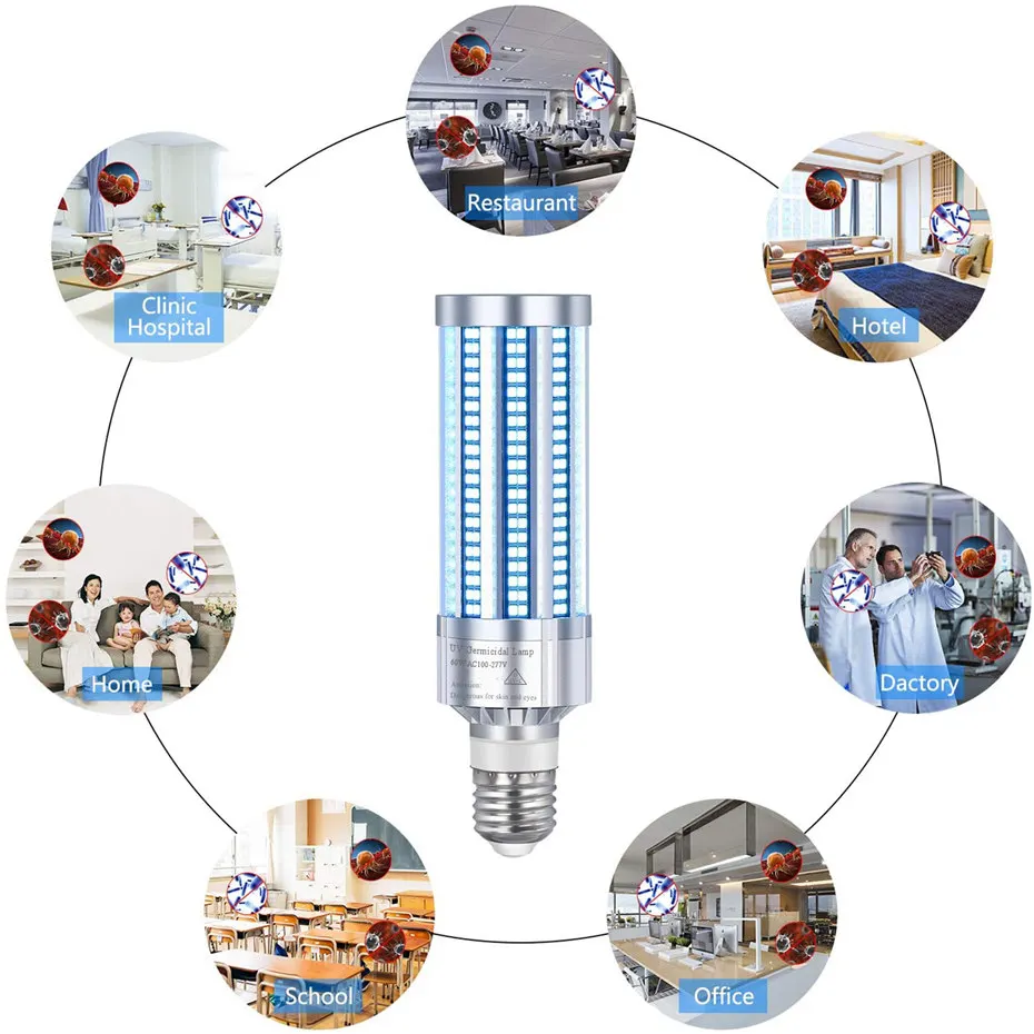 

2020 Newest 60W UV Germicidal Lamp UVC LED Light Bulb E26 E27 Base Ozone Free UVC Ultraviolet Corn Bulb Disinfection Sterilizer