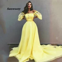 yellow off the shoulder prom dresses puff sleeve with flowers formal evening party gowns vestidos de festa longo 2022