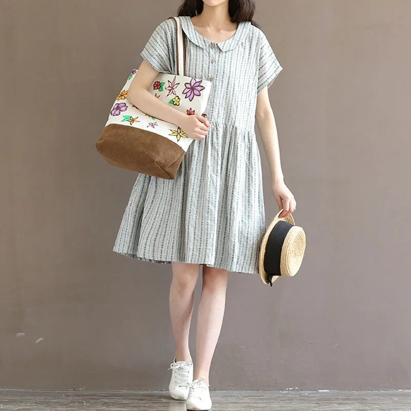 2020 Mori Girl Summer Women Casual Dress Peter Pan Collar Stripe Robe Femme Ete Short Sleeve Loose Cotton Linen Kawaii Dresses | Женская