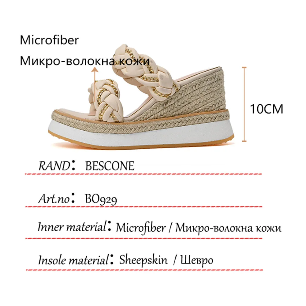 

BESCONE Women Shoes Fashion Summer Wedges High Heels 10CM Platform Shoes Outdoor Straw Weave Pink Casual Slippers Lady BO929