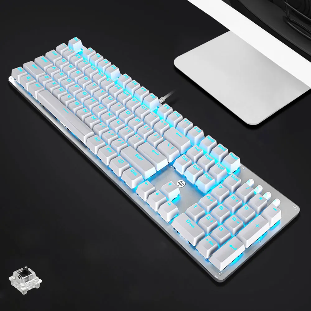 Hp GK100 Механическая игровая клавиатура с подсветкой, синий, красный переключатель, 104 клавиш, металлический цветной светодиодный компьютер с подсветкой, Проводная клавиатура для геймера