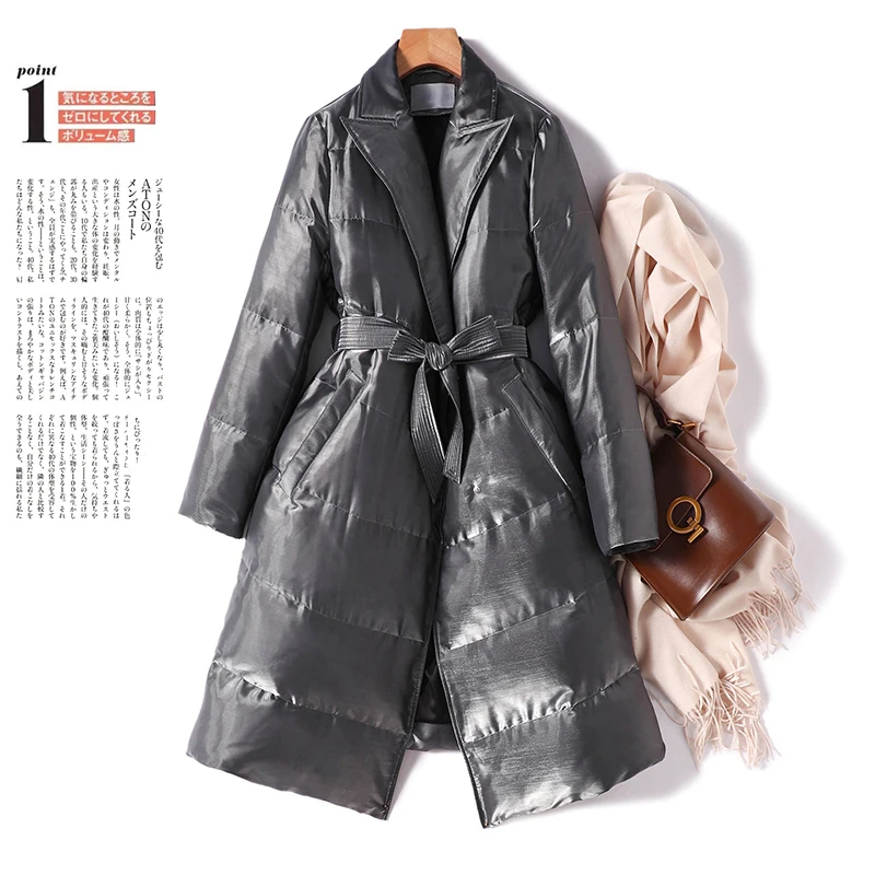 

Зимний пуховик SHUCHAN, Женское пальто, теплая Модная ткань с металлической текстурой и регулируемой талией, 90% белый утиный пух