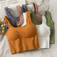pearl diary women summer ribbed tank tops with inner bra scoop neck yoga cami crop bra top slim fit girls sexy outerwear tops