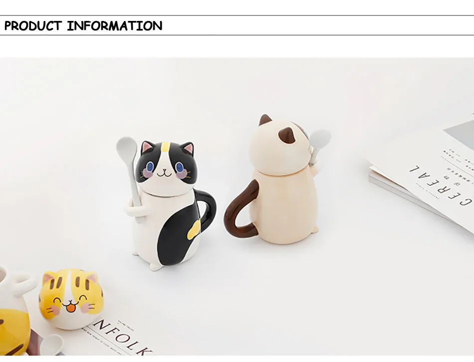 Cute Cat Mug With Lid Handmade Printed Coffee Cups And Mugs With Cat Lid Spoon Ceramic Creative Cartoon Cat Coffee Mug Cup