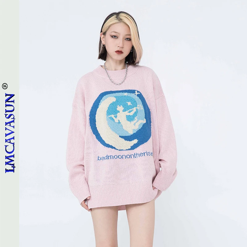 

LEIMEICHEN 2021 Winter New Warm Pullover Sweater Angel And Moon Jacquard Sweater Men's Loose Sweater YGM37