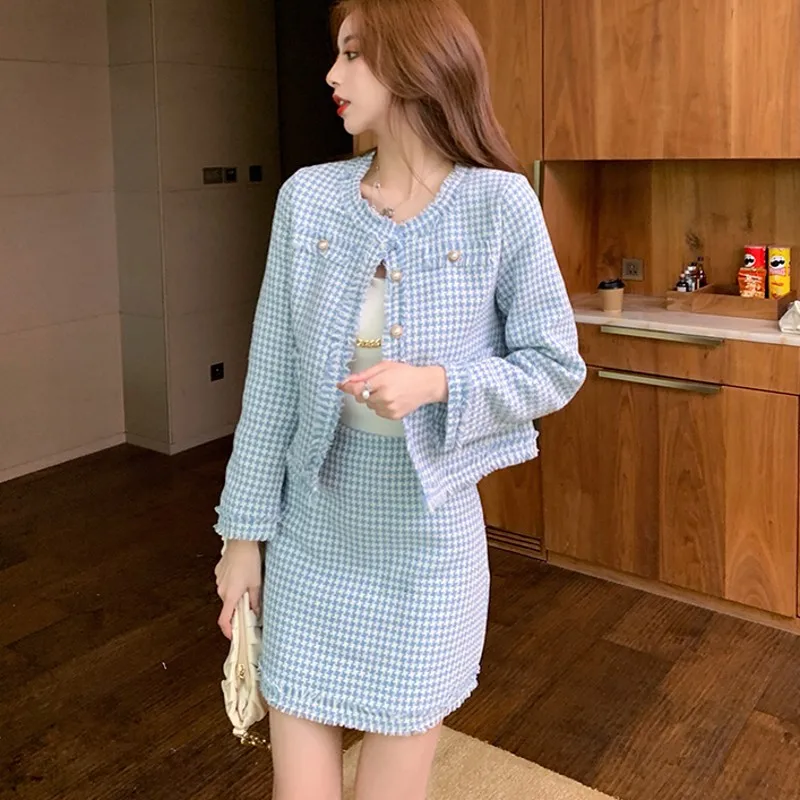 

Женский твидовый костюм с юбкой, комплект из двух предметов, шерстяной пиджак и мини-юбка с высокой талией, Осень-зима 2021