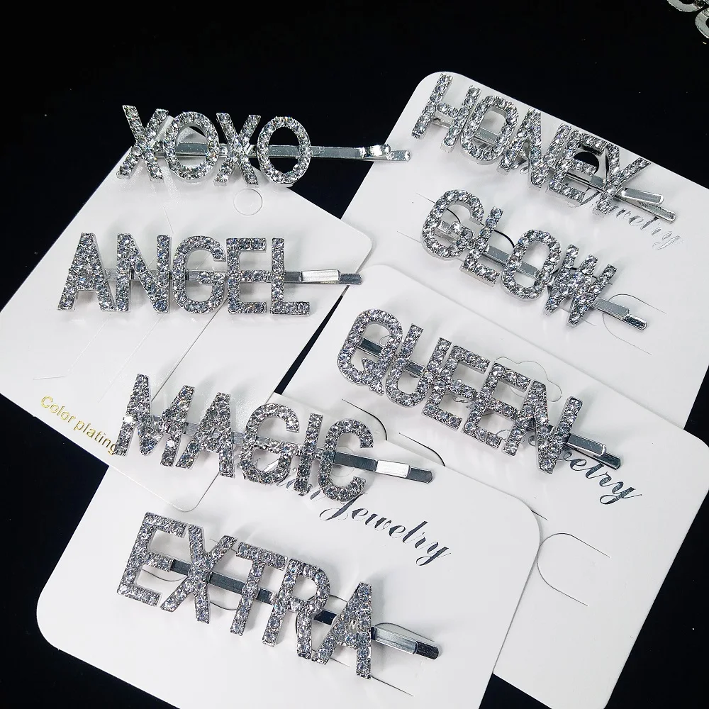 Оптовая продажа заколки для волос со словами светящиеся Xoxo волшебные стразы