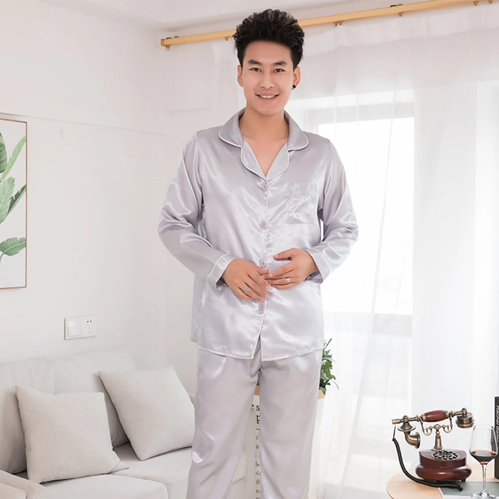 

Silk Satin Men Pajamas Set Fashion Sleepwear Couple Solid Color Long Sleeve Suit Casual Two-Piece Pyjama Autumn Elastic Homewear