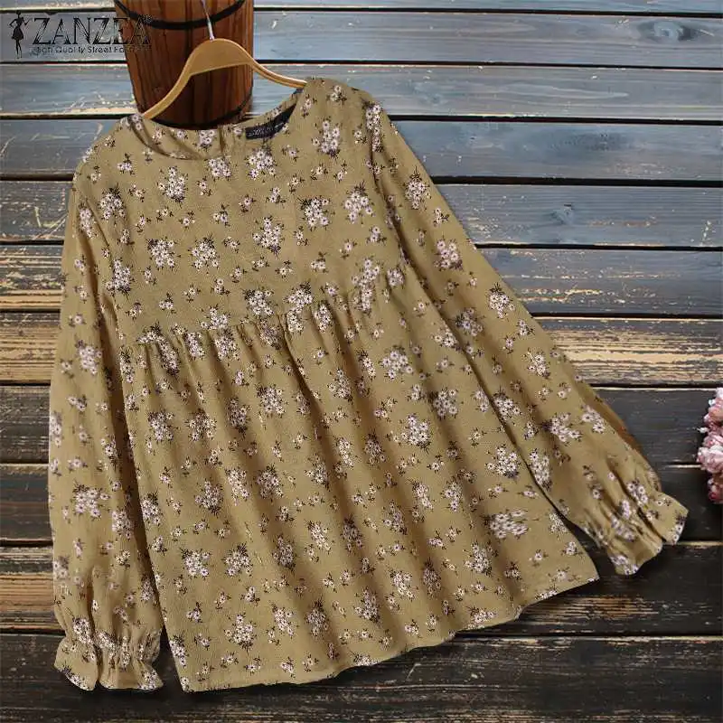 

2021 Fashion Daisy Printed Blouse Women Casual Long Puff Sleeve Shirt ZANZEA O Neck Retro Floral Party Tops Tunic Chemise Female