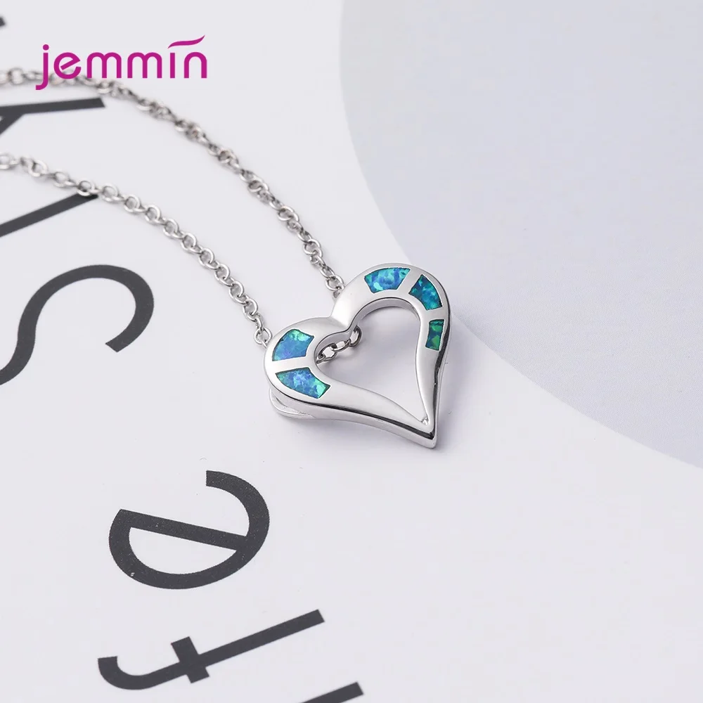 2021 S925 Sterling Silver Necklace Blue Opal CZ Crystal Heart Pendant Collare Love Jewelry Gift for Birthday Valentines | Украшения и