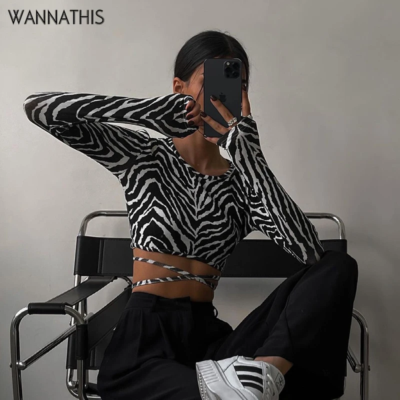 

Женский укороченный топ WannaThis, с принтом зебры, с открытой спиной, на шнуровке, с длинным рукавом, обтягивающие, модные, сексуальные, с круглы...