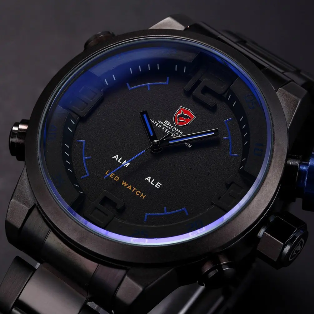 Blue SH106 Бренд Акула Жёлтый Чёрный Цвет Японское Движение Двойный Аналоговой Пояс Времени Даты Военные Часы Мужчины из Нержавеющей Стали Будильник Кварцевые Электронные Спортивные Водонепроницаемые Мужские Наручные Часы/SH107 - Цвет: Blue SH106