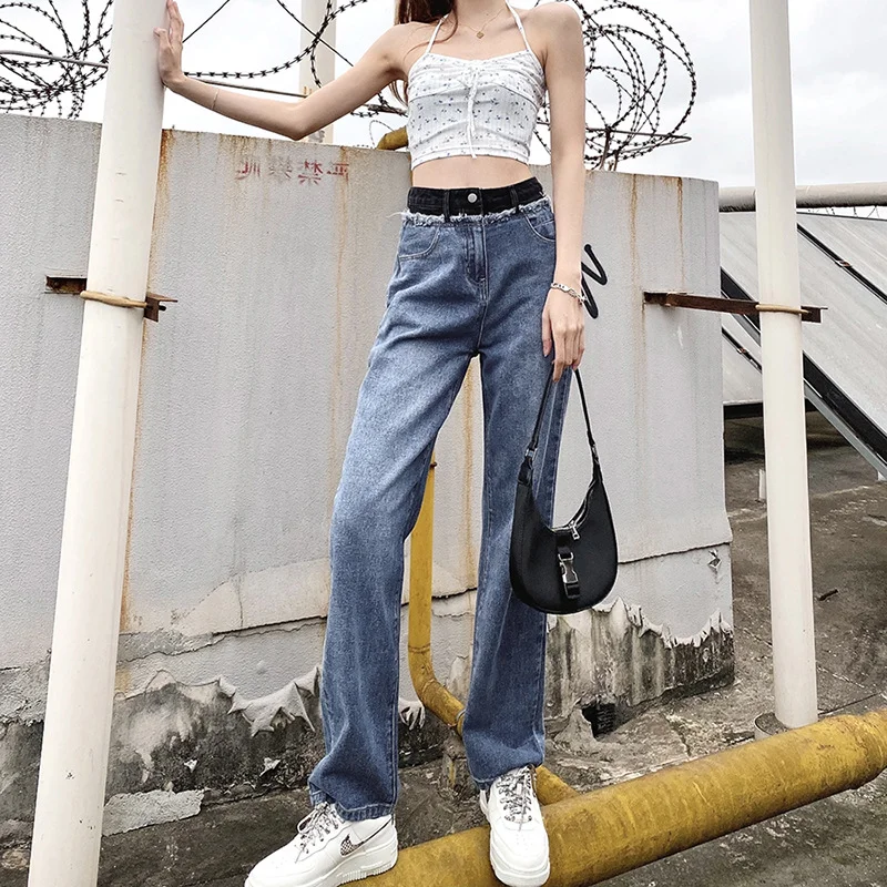 

2021 Autumn Blue Casual Denim Straight Trousers Women Vintage Loose High Waist Wide-Leg Pants Fashion Patchwork Jeans Streetwear