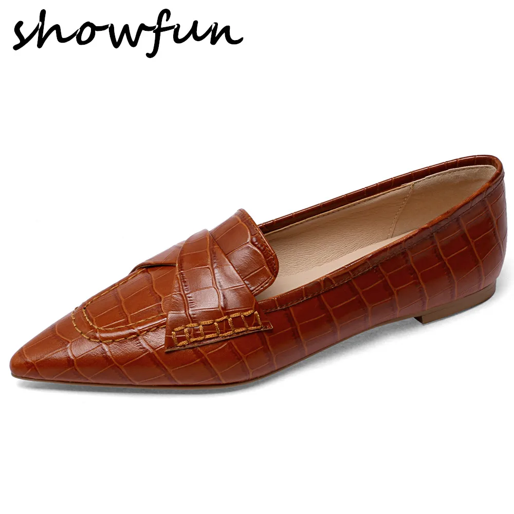 

Women's genuine leather slip-on flats casual dailys female footwear high quality Stone pattern pointed toe comfortable shoes hot