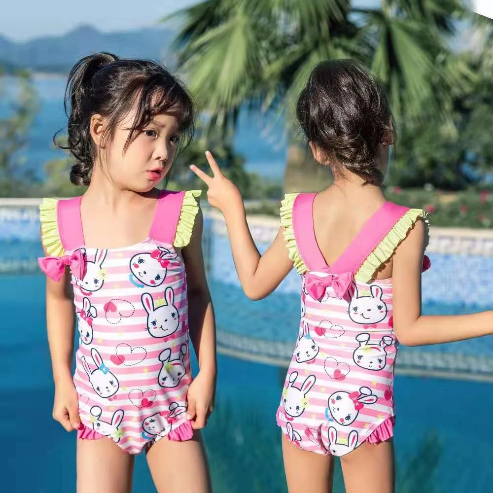 

Sweet Girl Carton pattern One Piece Set Swim Wear Waterproof Swimsuit Bathing Suit Sleeveless Swimwear Bow Tie decorate