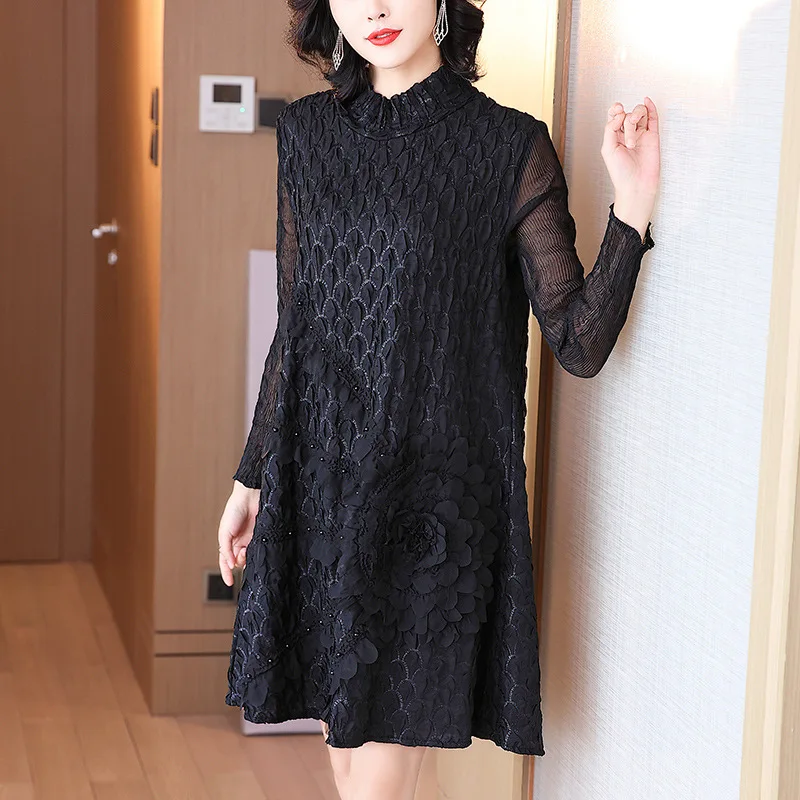 

High End Temperament Black Long Sleeve Dress Women's Autumn And Winter New Plus Size Pleated Dress
