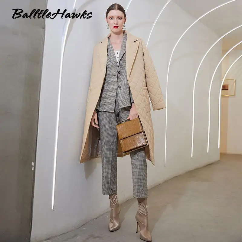 Women Long Straight Winter Coat with Rhombus Pattern Casual Sashes Women Parkas Deep Pockets Tailored Collar Stylish Outerwear