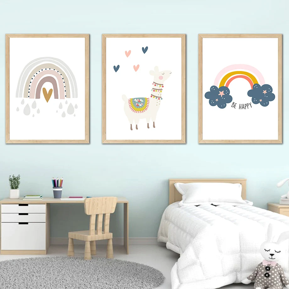 Мультфильм Радуга облако Альпака Звезда Сердце детская стена искусство холст