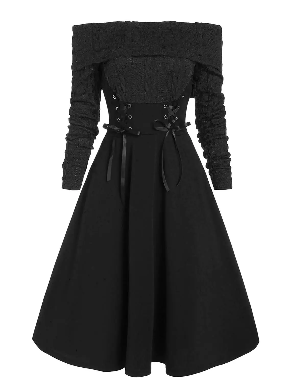 

Gothic Casual Dress Women Off The Shoulder Lace Up Cable Knit Mixed Media Dress Vestidos Autumn Long Sleeve Party Dress