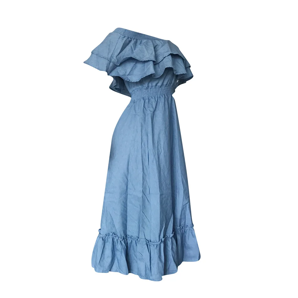 

ChocoMist Dresses Lovely Cascading Ruffle Design Denim Midi Dress D8132-1