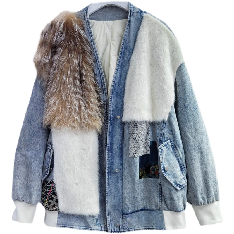 

SuperAen 2021 Winter New Mink Fur V-neck Denim Jacket Women Slim Fox Fur Grass Casual Full Coat