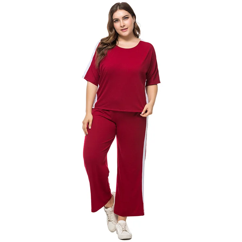 

Plus Size Women Clothing 2 Piece Sets Stitching T-shirt + Casual Pants Sports Suit 2021 New Summer Sportswear 2 Piece Outfits