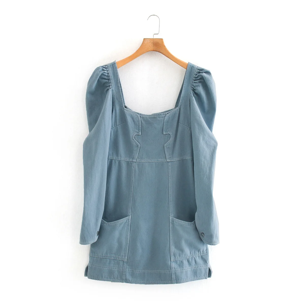 

Fall 2020 new style square neck bubble sleeve slim design large pocket Mini denim dress casual party dress