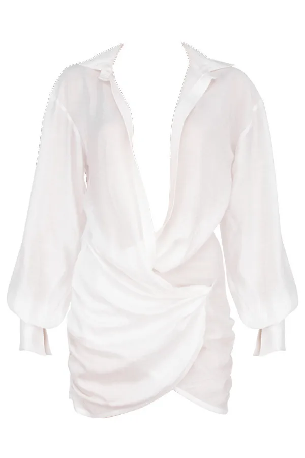 

New hot long sleeve white shirt sexy deep V women's ins net red early autumn dress