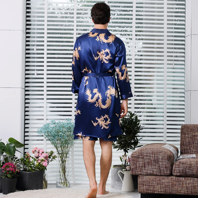 High-End Soft And Comfortable Men Nightgown Silk Pajamas 2 Piece Suit Shorts Men's Bathrobe