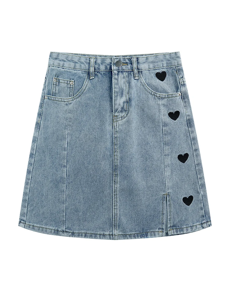 

Spring and summer skirt women 2021 new love embroidery denim A-line skirt Korean version slim split short skirt