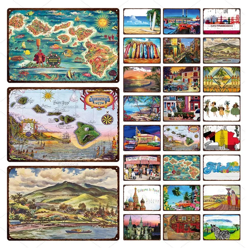 

Travel Scenery Metal Tin Sign Vintage Hawaii City Landscape Iron Painting Wall Art Pub Vacation Store Home Decor 20*30Cm