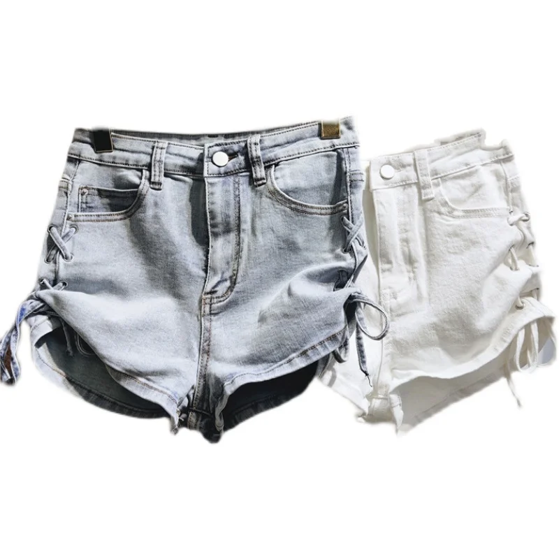 

Summer Shorts Women Fashion Goddess Cute Drawstring Jeans Short Slim High Waist All-Matching White Blue Grey Nancylim