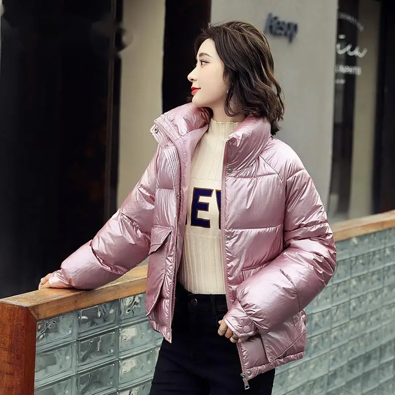 

Осенне-зимняя теплая Женская куртка с воротником-стойкой и большими карманами, блестящая парка, яркое Стеганое пальто для девушек