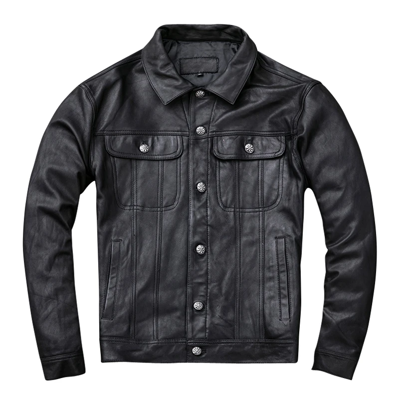 Новая натуральная Мужская короткая куртка 2020 из овечьей кожи с отворотом