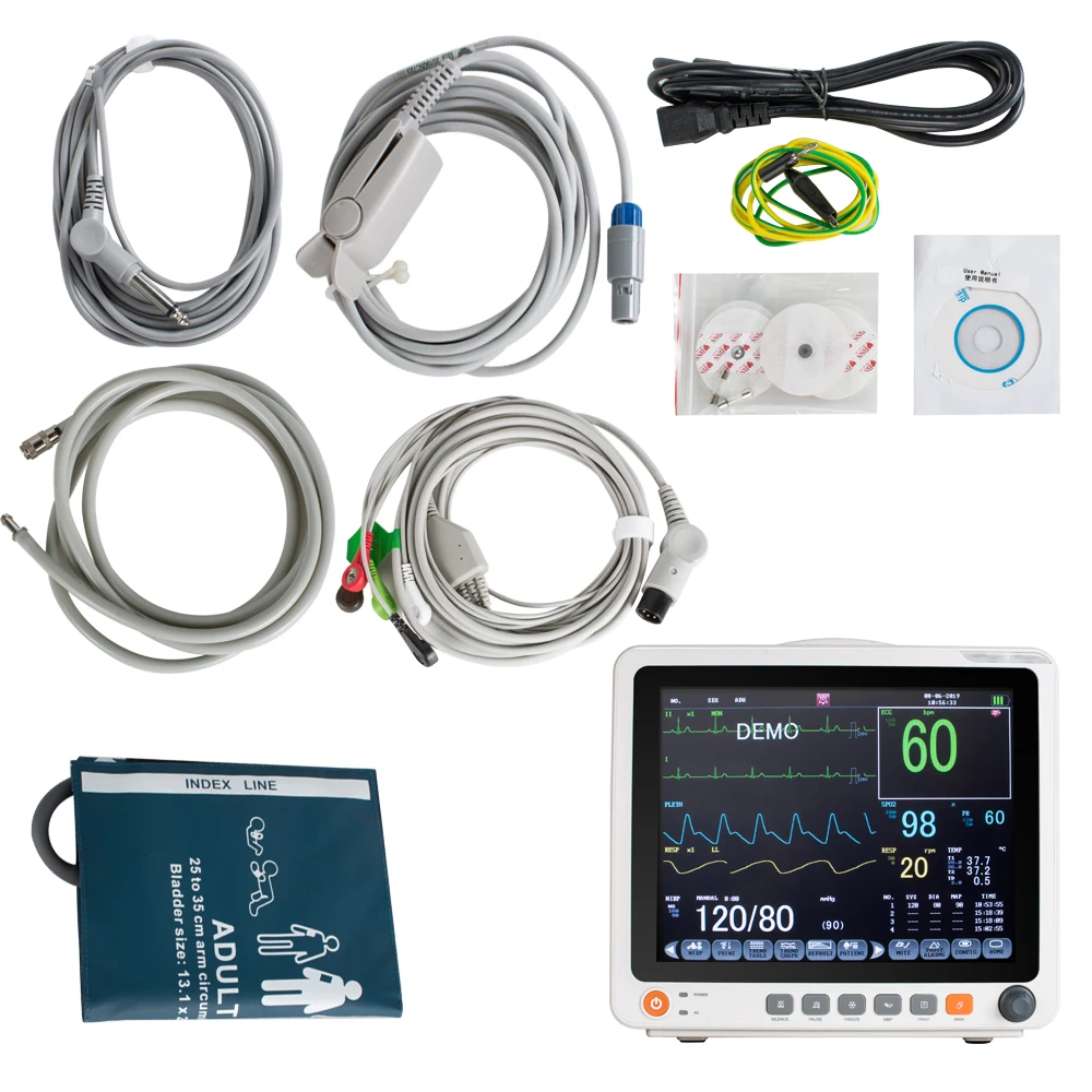 

Portable 12.1" Touch Screen Patient Monitor Vital Signs ECG NIBP RESP TEMP SPO2 PR