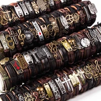 wholesale 50pcslot leather metal charm bracelets for men vintage wrist cuff bracelets for women gifts jewelry mix style