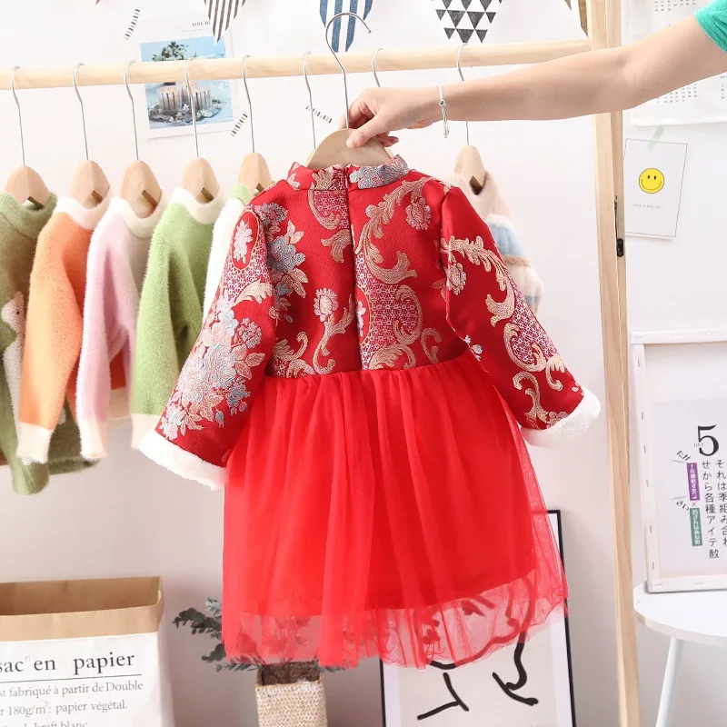 Красное зимнее бархатное платье с вышивкой в стиле Чонсам для маленьких принцесс