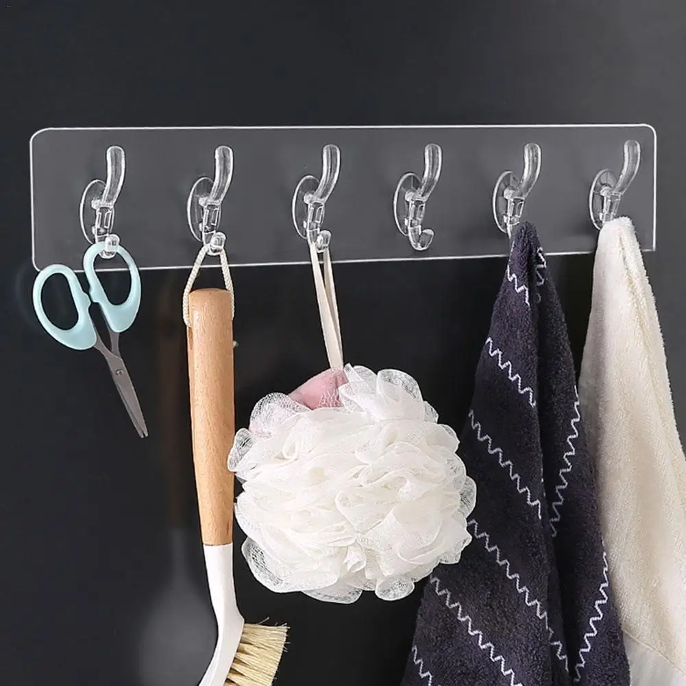 

Bathroom Nail-free Wall Hook A Row of Traceless Hooks Wall Hanger Sticker Transparent Plastic Glue Hooks Kitchen Six Rows Hooks
