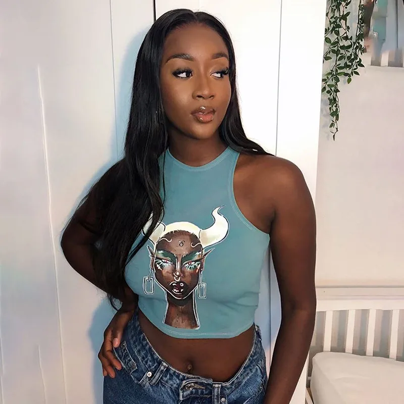

Women's Sexy Crop Tank Tops Wrapped Vest Cartoon Head Printed Solid Harajuku Korean Female Off Shoulder Blue Summer Women Tops