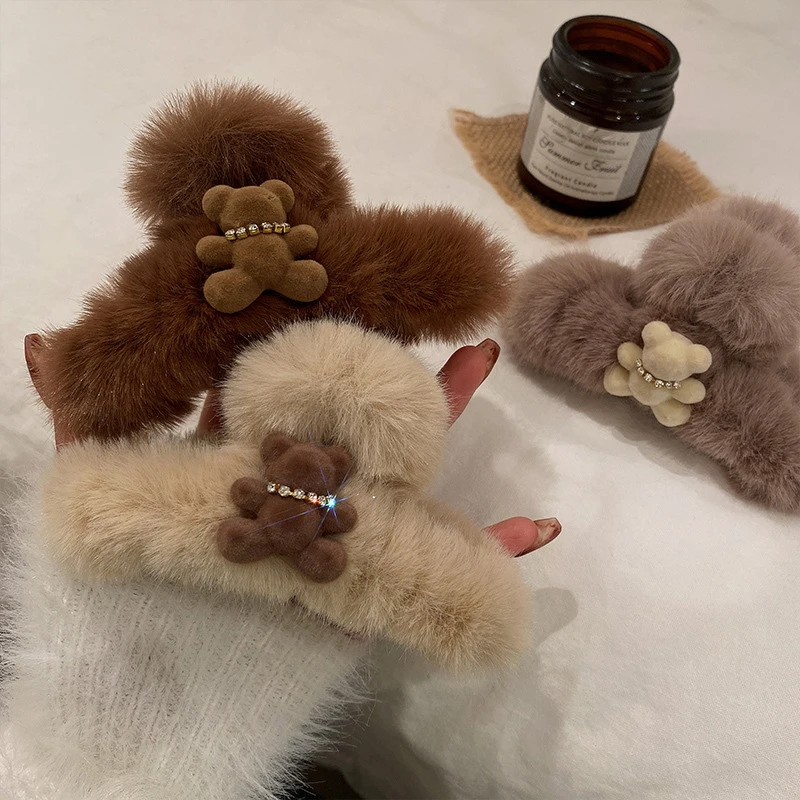 

Faux Fur Barrettes Cute Cartoon Bear Hair Claw Furry Soft Warm Hairpin Rhinestone Plush Back Head Shark Clip Hair Accessories