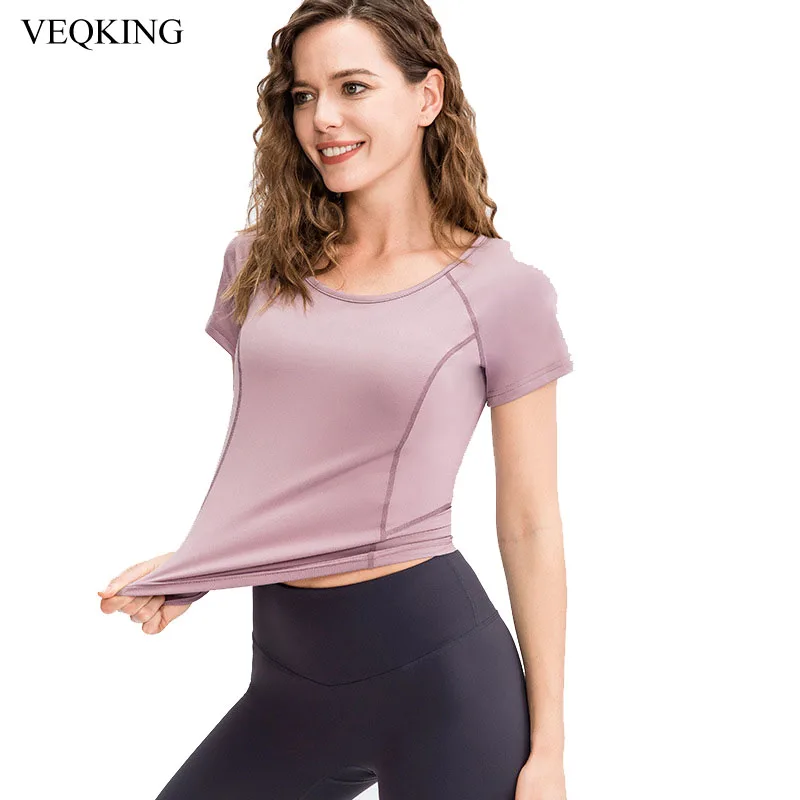 

Женская Спортивная футболка VEQKING для фитнеса, быстросохнущая спортивная футболка с коротким рукавом, стрейчевая облегающая футболка для бе...
