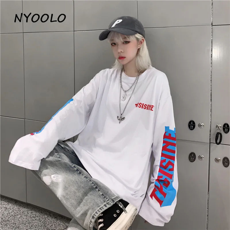 NYOOLO Harajuku стиль простая футболка с буквенным принтом Осенняя уличная свободная футболка с длинными рукавами и круглым вырезом Женская Мужская одежда Топ
