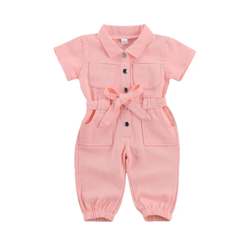 

Infant Kids Baby Girls Denim Jumpsuit Work Clothes Toddler Standing Collar Pocket Short Sleeve Romper for Children