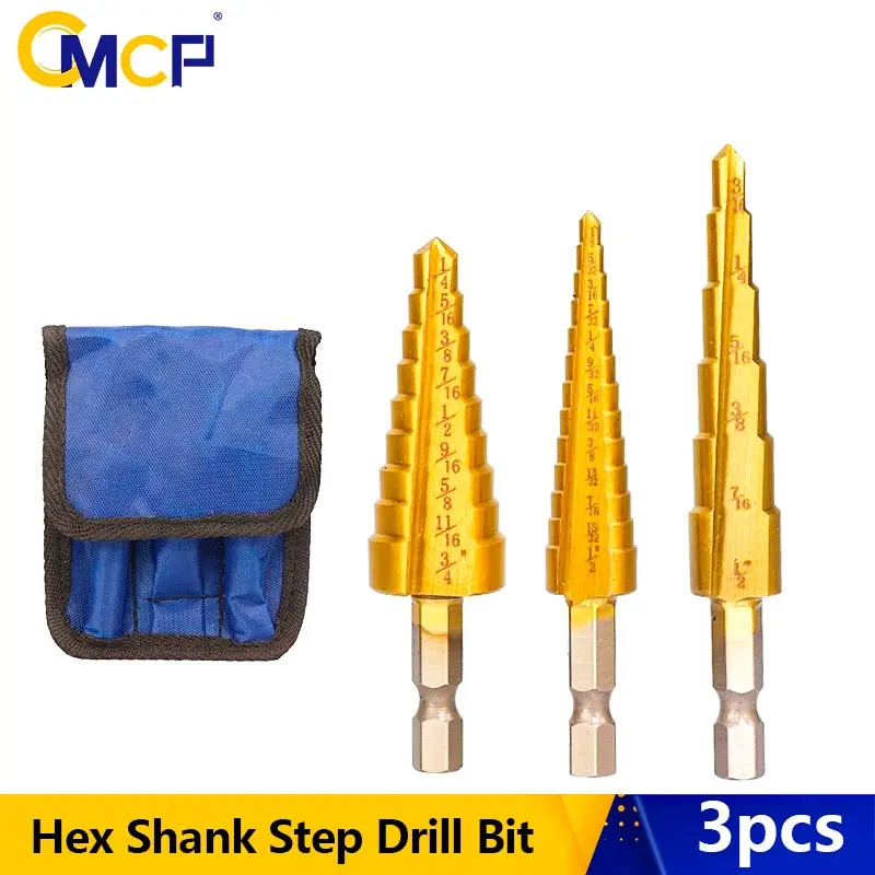 

CMCP Step Cone Drill Hex Shank Inch Step Drill Bit Titanium Coated HSS Hole Cutter Metal Drills Wood Metal Drilling Tools