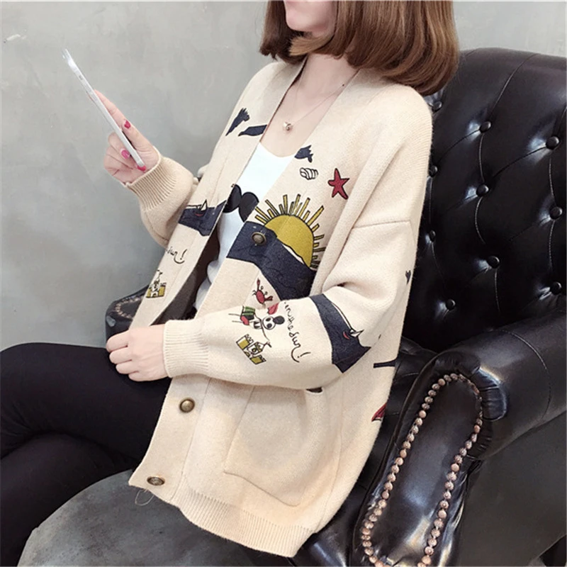 Женский свитер с длинным рукавом и милым принтом вязаный большого размера