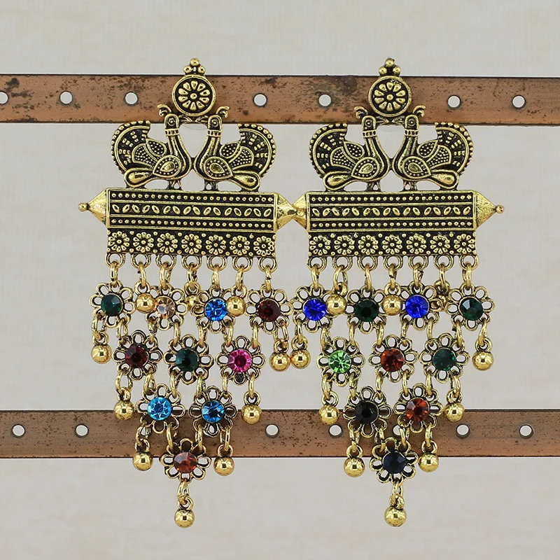 Индийские Золотые серьги Jhumka для женщин этнические двойные павлиньи колокольчики длинные с кисточками