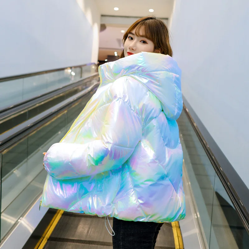 Women Shiny Colorful Bright Cotton Coat Winter Glossy Down Cotton Padded Bomber Puffer Jacket Thick Bread Reflective Parkas