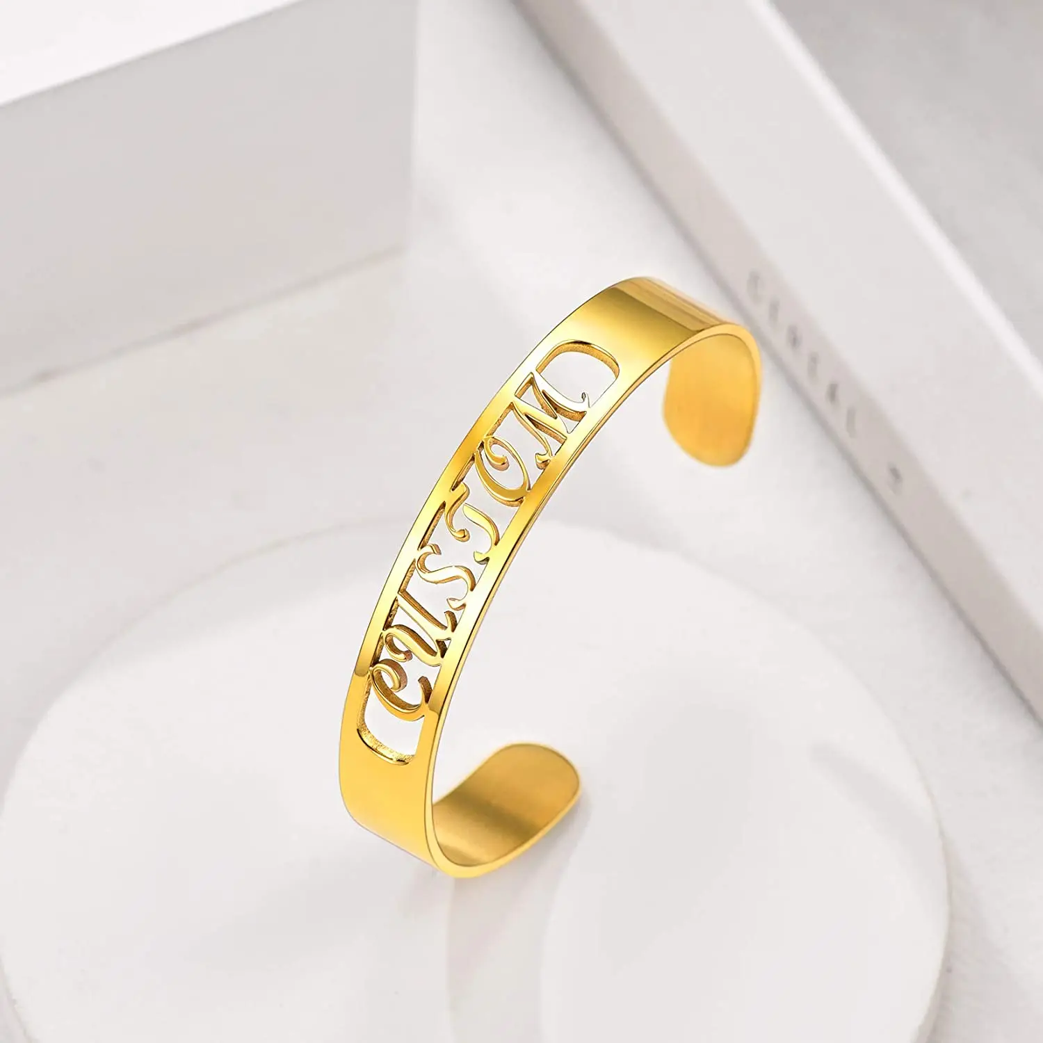 U7 Cuff Bracelet with Name Customized Gift 10MM Wide Stainless Steel Chunky Open Wristband for Women Men