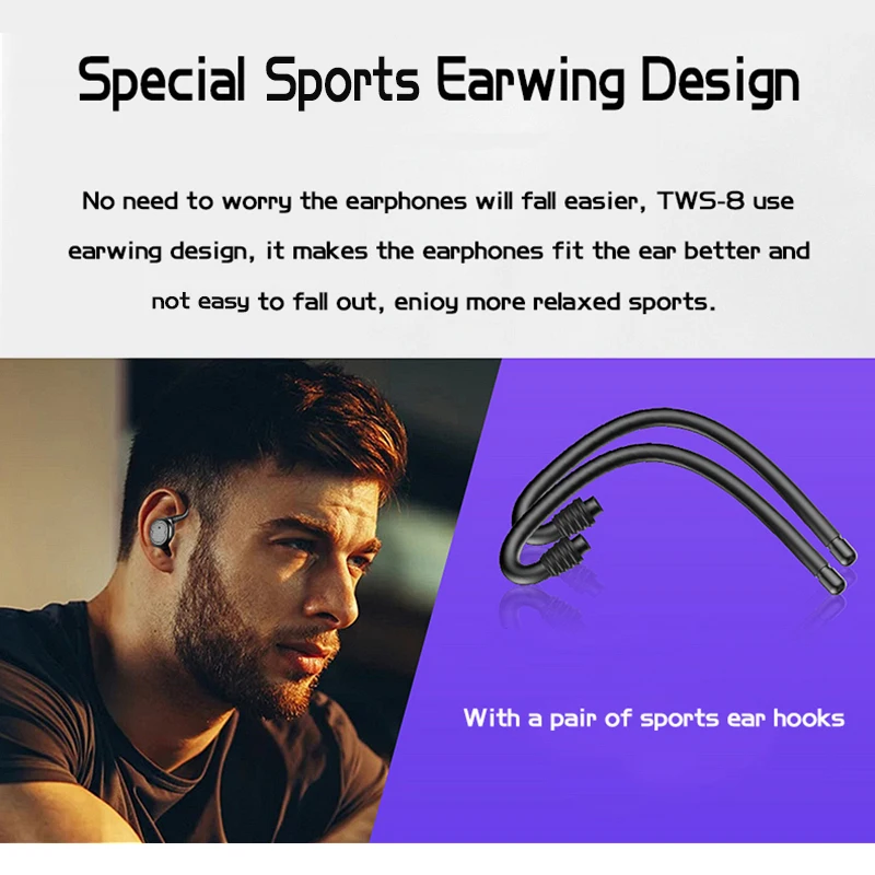 TWS 8 Bluetooth спортивные наушники водонепроницаемые беспроводные с шумоподавлением